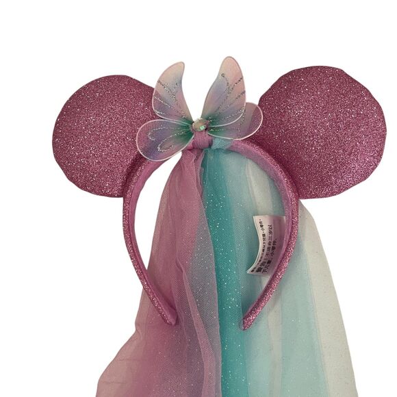 Disney Parks Fairy Wings Ear Headband Sparkle Pink Blue Veil - Picture 2 of 4